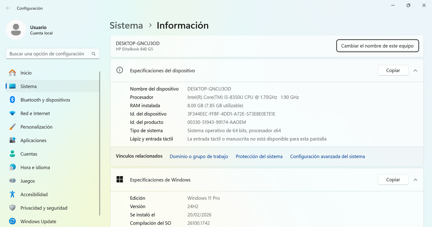 Notebook Hp Elitebook 840 G5 14 Core I5 8 Va 8 Gb Ddr4 256 Plateado (Reacondicionado)